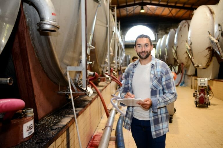 Handsome Man Winemaker In A Winery Wine Cellar During Harvest